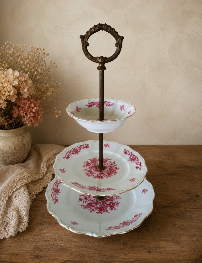 Etagere, 3 laags, wit / roze, vintage, Ophalen of Verzenden, Zo goed als nieuw, Etagère, Overige materialen