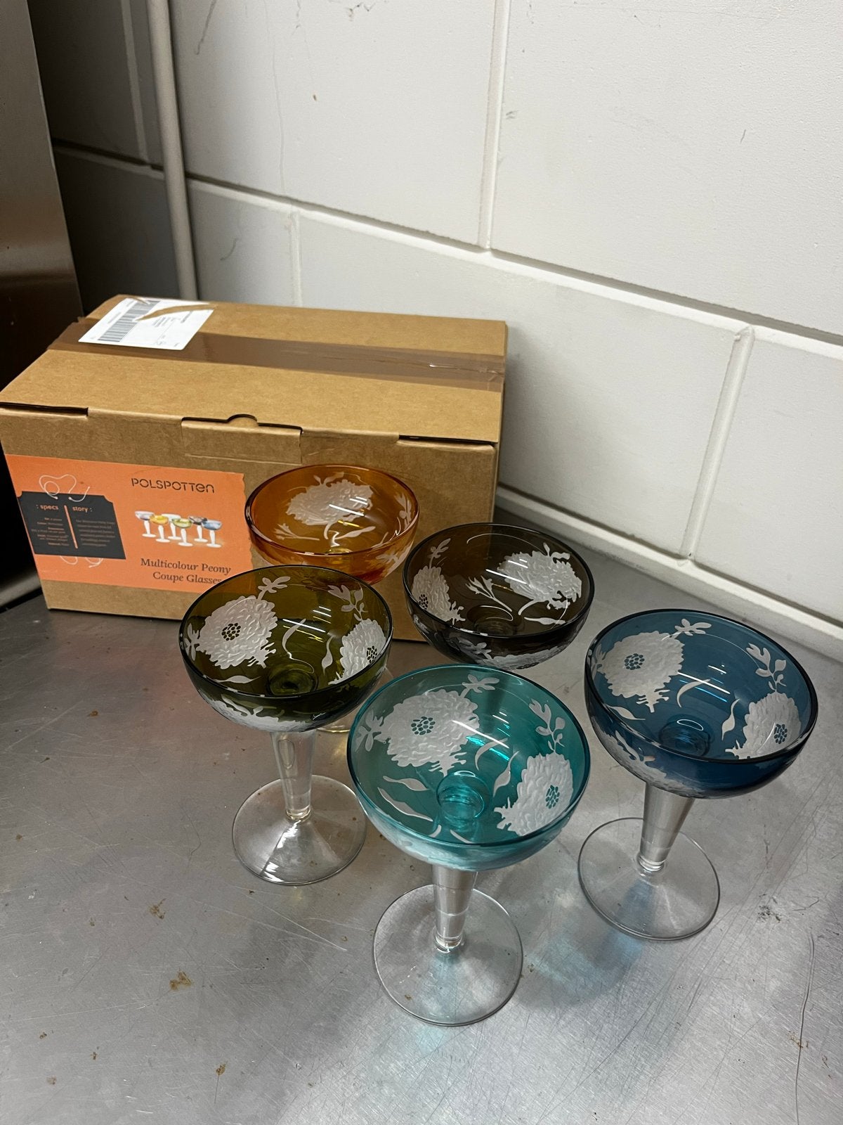 Polspotten Multicolour Peony Coupe Glazen - Set van 5, Huis en Inrichting, Keuken | Servies, Glas of Glazen, Overige merken, Onbekend