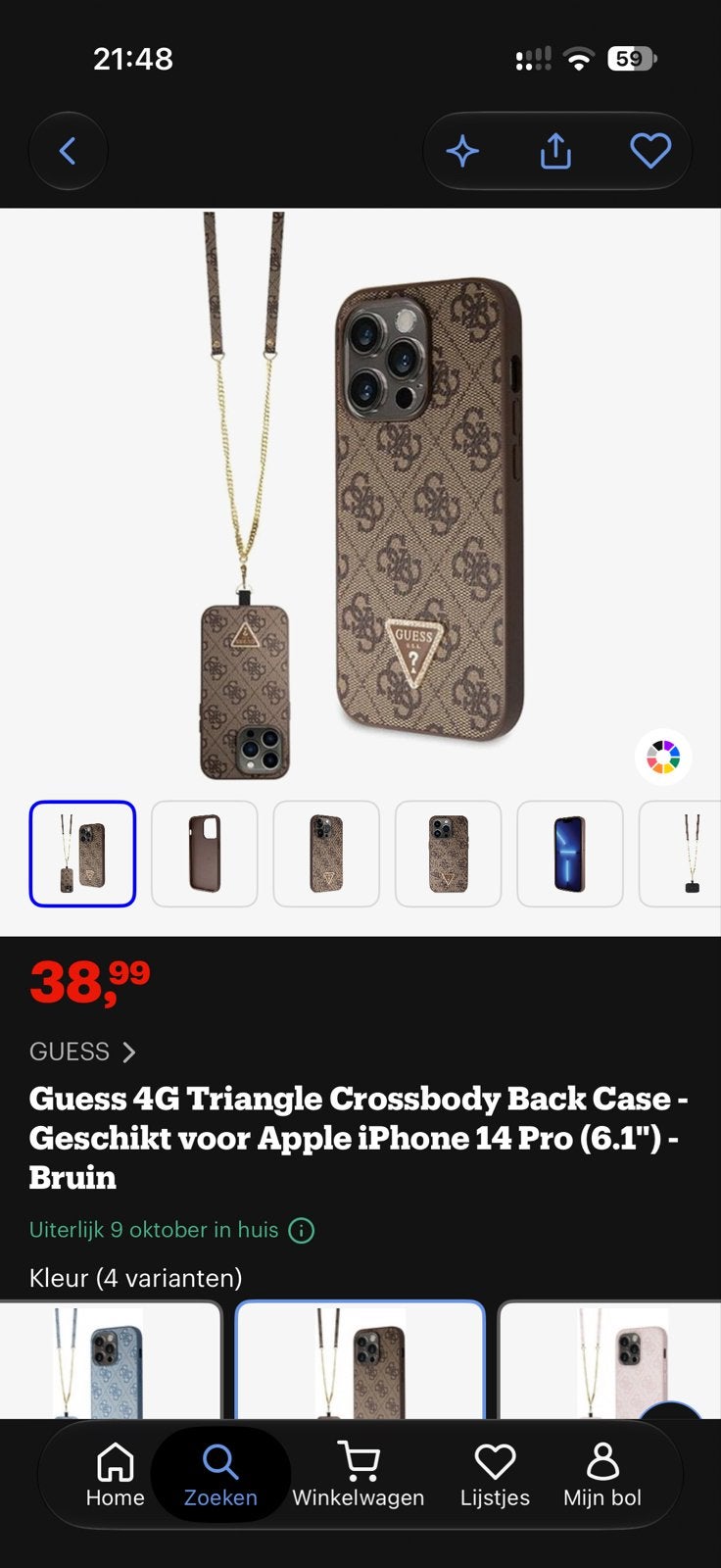 Guess 4G Triangle Crossbody Back Case iPhone 14 Pro, Ophalen, Met koord, IPhone 14 Pro, Bruin