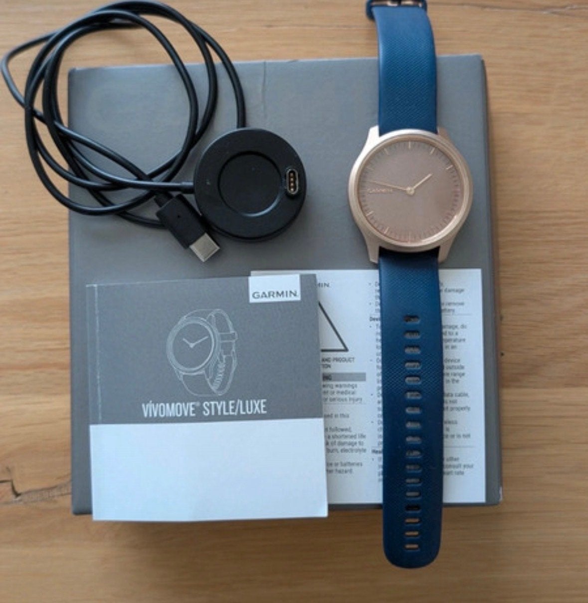 Garmin Vivomove Style/Luxe Roségoud met Blauwe Band, Gebruikt, Blauw, Hartslag, Ophalen of Verzenden