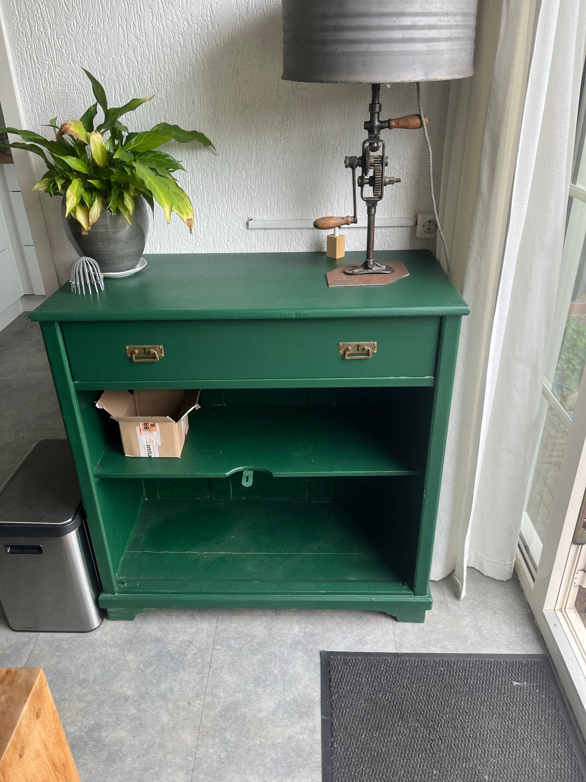 Groene houten kast met lade en open vakken, Huis en Inrichting, Ophalen