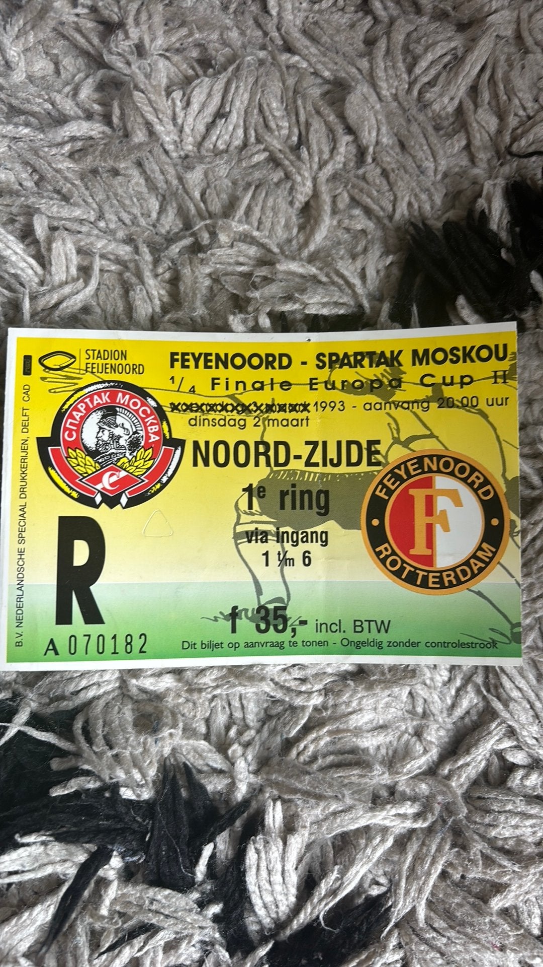 Oud stadionticket feyenoord spartak moskou 1993, Verzamelen, Sportartikelen en Voetbal, Verzenden, Zo goed als nieuw, Feyenoord