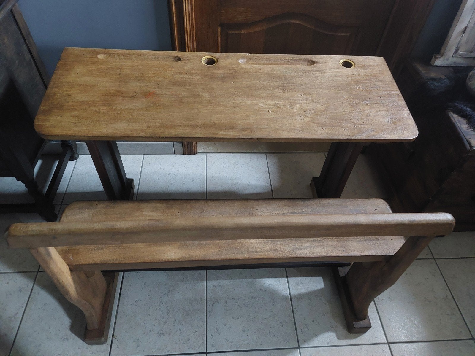 mooie grote Antieke/Brocante 2 persoons schoolbank, Ophalen