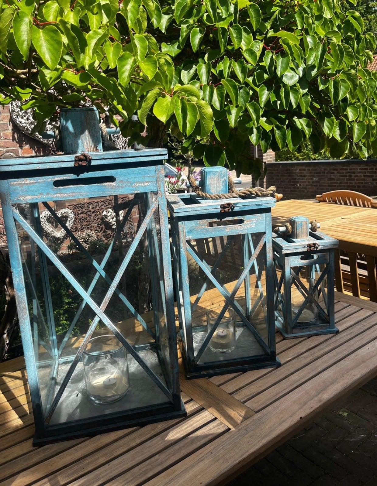 3 blauwe lantaarns voor binnen en buiten setprijs 20€, Gebruikt, Rustiek, Ophalen, Metaal