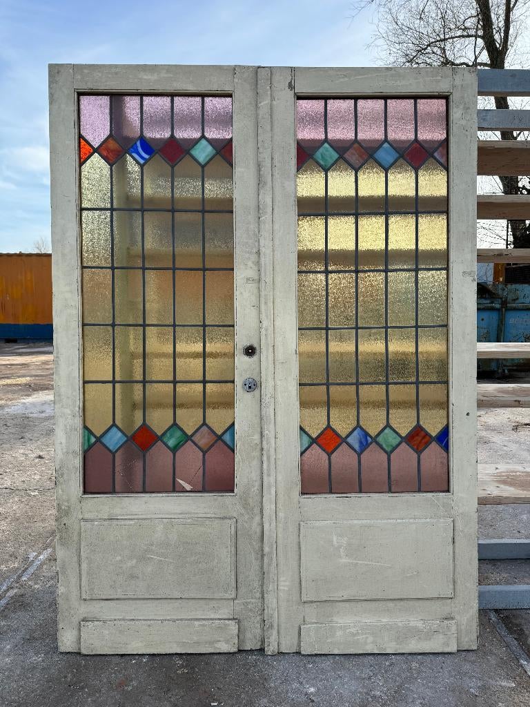 Set openslaande deuren met glas in lood 201x145cm.
