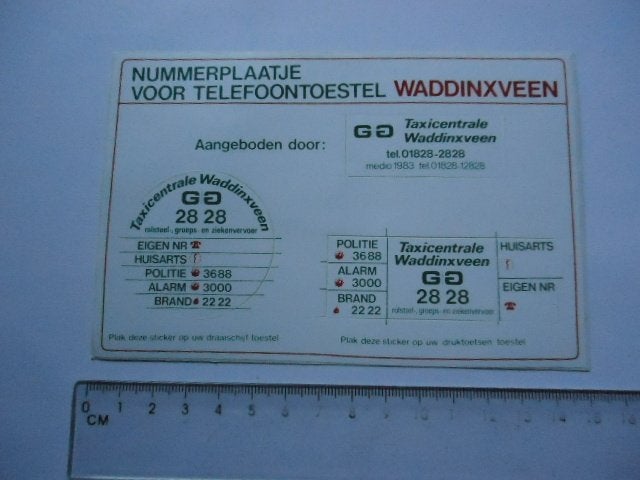sticker oud Waddinxveen TAXI telefoon vel centrale retro, Verzenden, Zo goed als nieuw, Bedrijf of Vereniging