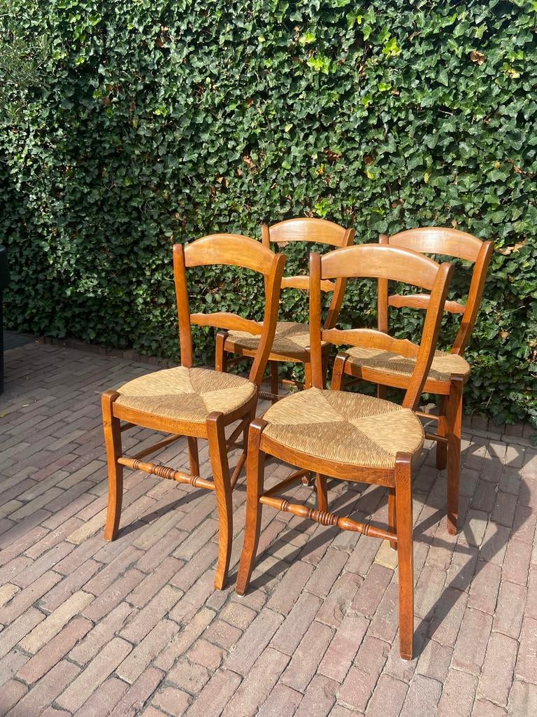 4 antieke stoeltjes met biezen zitting, Huis en Inrichting, Stoelen, Gebruikt, Bruin, Vier, Hout
