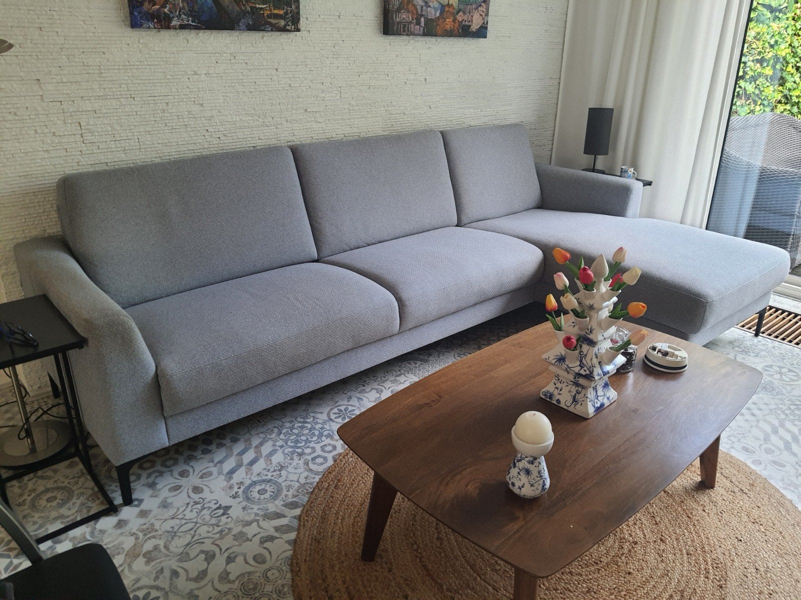 Grijze loungebank met chaise longue, Huis en Inrichting, Banken | Bankstellen, 250 tot 300 cm, Gebruikt, 100 tot 125 cm, Hoekbank