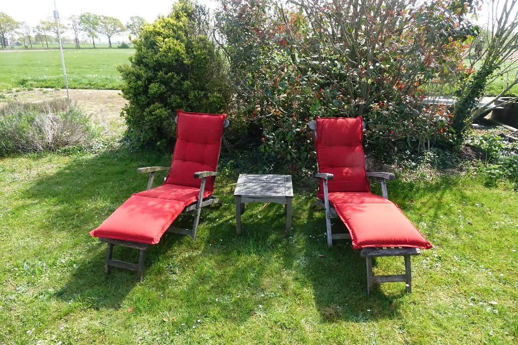 Hardhouten tuinstoelen (zgn deckchairs) met hartman kussens, Ophalen, Gebruikt, Hout, Verstelbaar