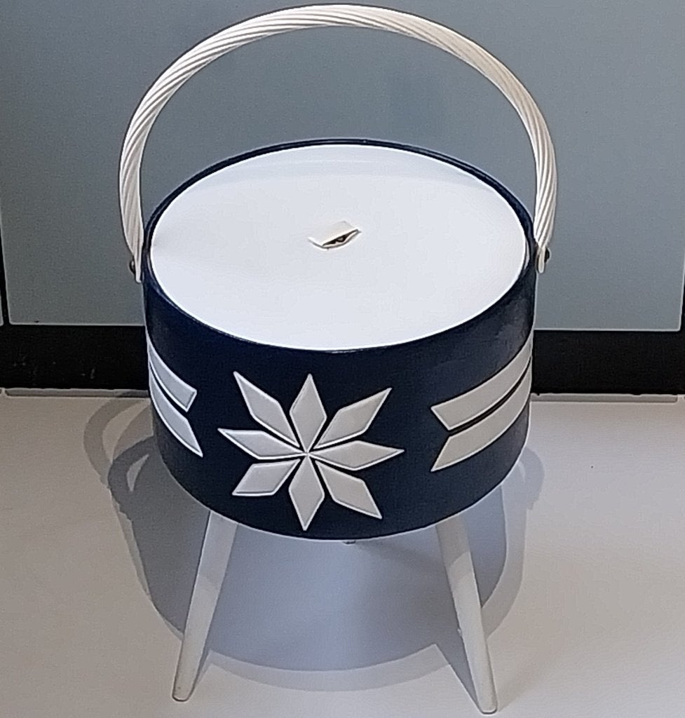 Retro/Vintage naaimand / naaitafel / opbergmand (blauw/wit), Hobby en Vrije tijd, Ophalen of Verzenden