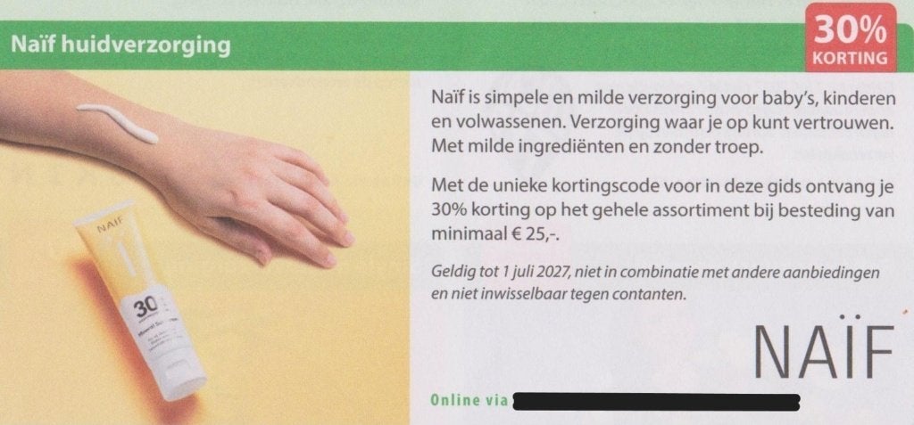 Naïf / Naif huiverzorging. 30% korting. Postcodeloterij bon., Tickets en Kaartjes, Eén persoon, Kortingsbon, Warenhuis- of Winkelbon