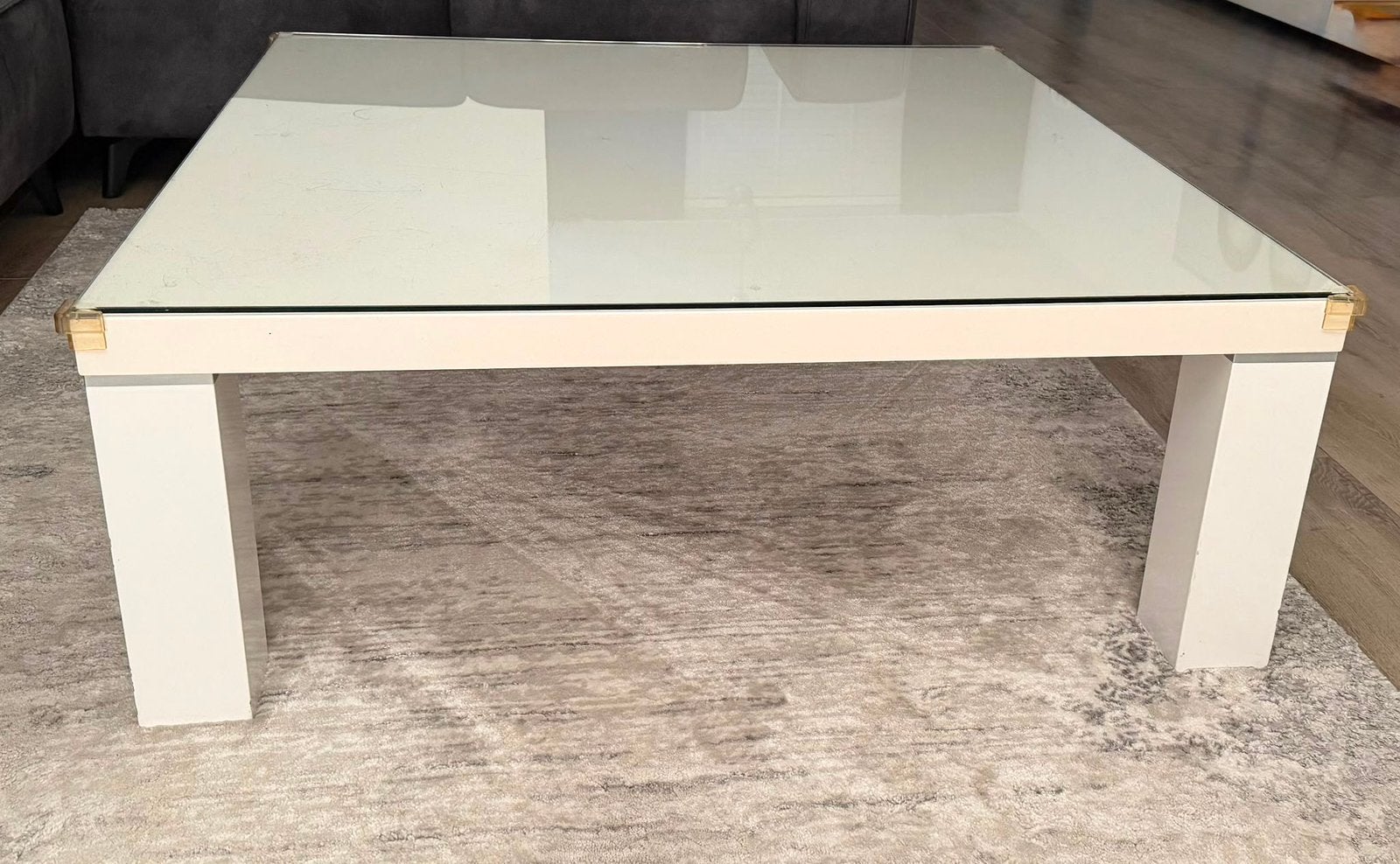 Wit hoogglans salontafel met glazen plaat 110x110, Ophalen, Gebruikt, 100 tot 150 cm, 50 tot 100 cm
