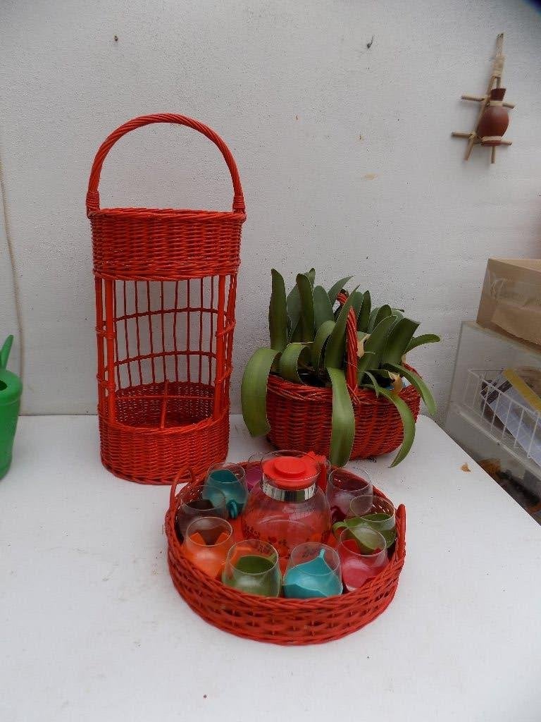 Jaren 70 oranje pitriet drankenbar dienblad theeglazen mand, Ophalen of Verzenden, Gebruikt, Natuurlijk materiaal