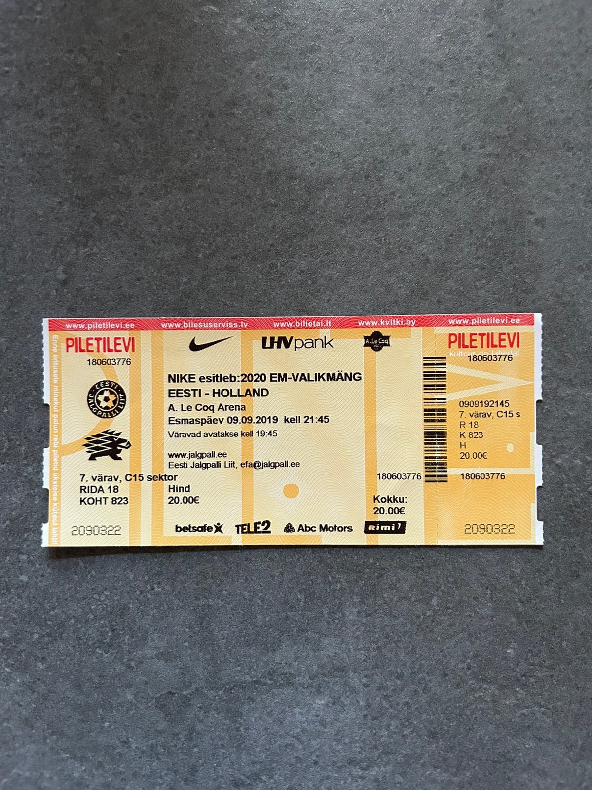 Estland - Nederland ticket, Verzamelen, Sportartikelen en Voetbal, Ophalen of Verzenden, Buitenlandse clubs, Overige typen