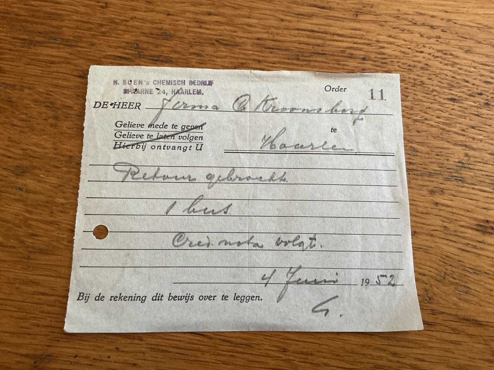 O658 orderbriefje Haarlem, Ophalen of Verzenden, Voor 1940, Zo goed als nieuw
