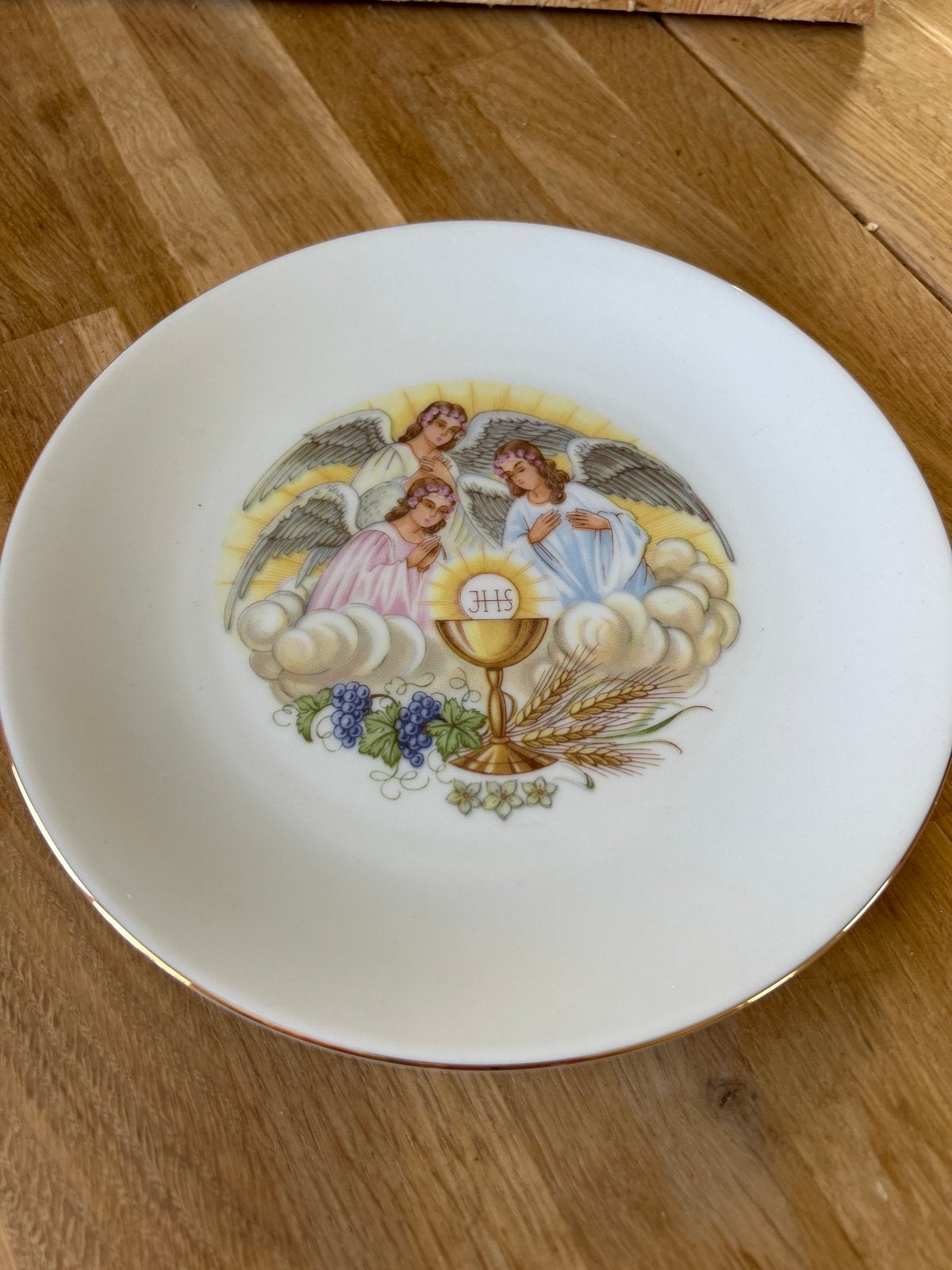 Vintage porseleinen bord met engelen en communie-motief, Ophalen