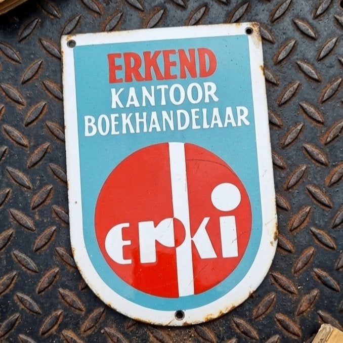 Vintage Emaille Reclamebord ERKI 1948 Erkend Boekhandelaar, Ophalen of Verzenden, Gebruikt, Reclamebord