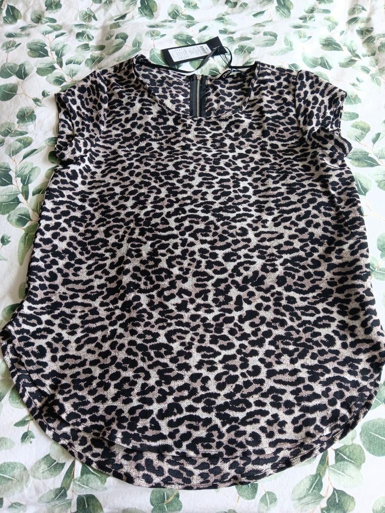 ONLY Leopard Print Top met Korte Mouwen en Rits, Maat 38/40 (M), Bruin, Nieuw, Ophalen of Verzenden