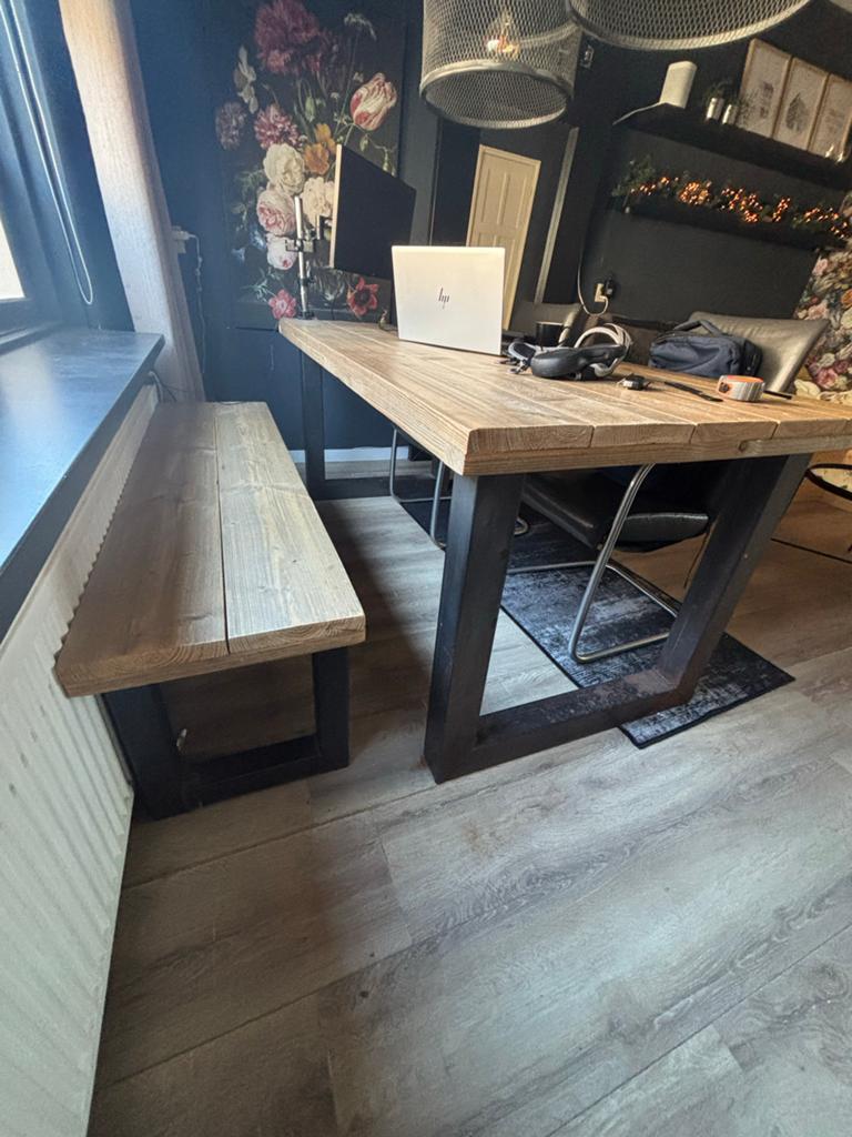 Tafel 180 x 90 en Bankje 90 x 40, Gebruikt, Vijf personen of meer, 150 tot 200 cm, Rechthoekig