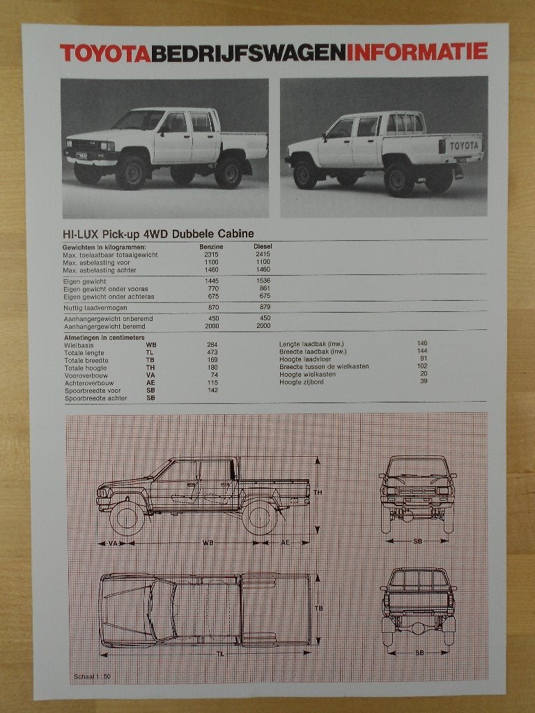 Toyota HiLux 4x4 Pick-up Specificatie Brochure 1986 Hi-Lux, Toyota, Ophalen of Verzenden, Zo goed als nieuw, Toyota