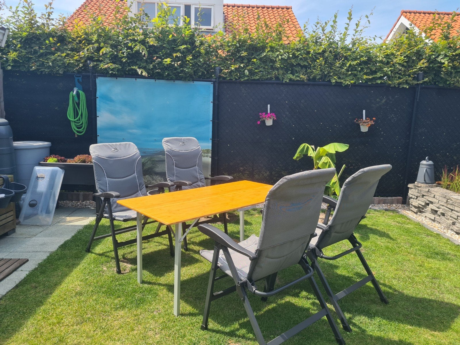 Bamboe campingtafel 140x75 met 4 stoelen, Ophalen, Gebruikt, Campingtafel