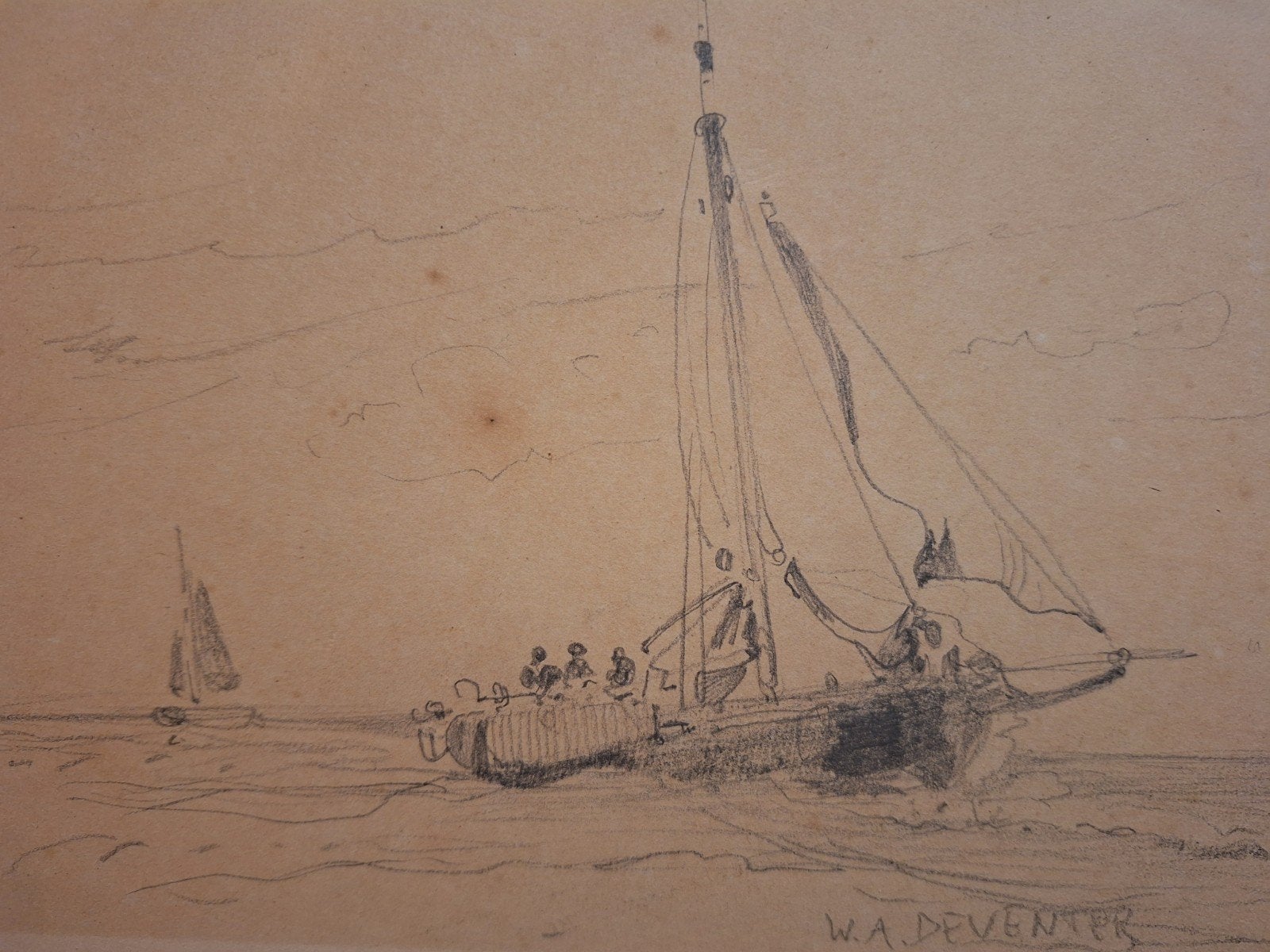 Tekening bomschuit op zee door W.A. Deventer, Ophalen of Verzenden