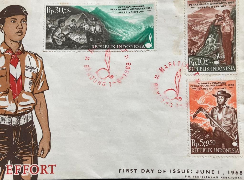 1e dag envelop Scouting Indonesië WIRAKARYA 1968, Ophalen of Verzenden, Gestempeld