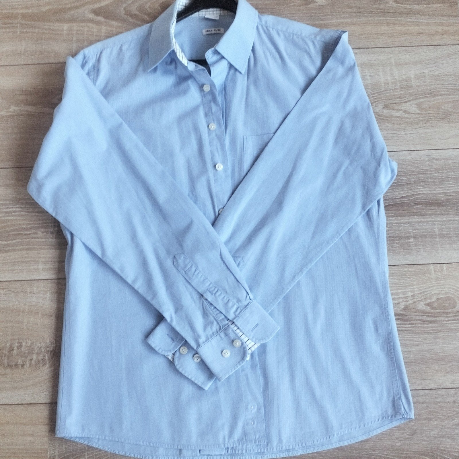 HEMA overhemd lange mouw mt 41/42 licht blauw met ruitje i, Hema, Blauw, Ophalen of Verzenden, Halswijdte 41/42 (L)