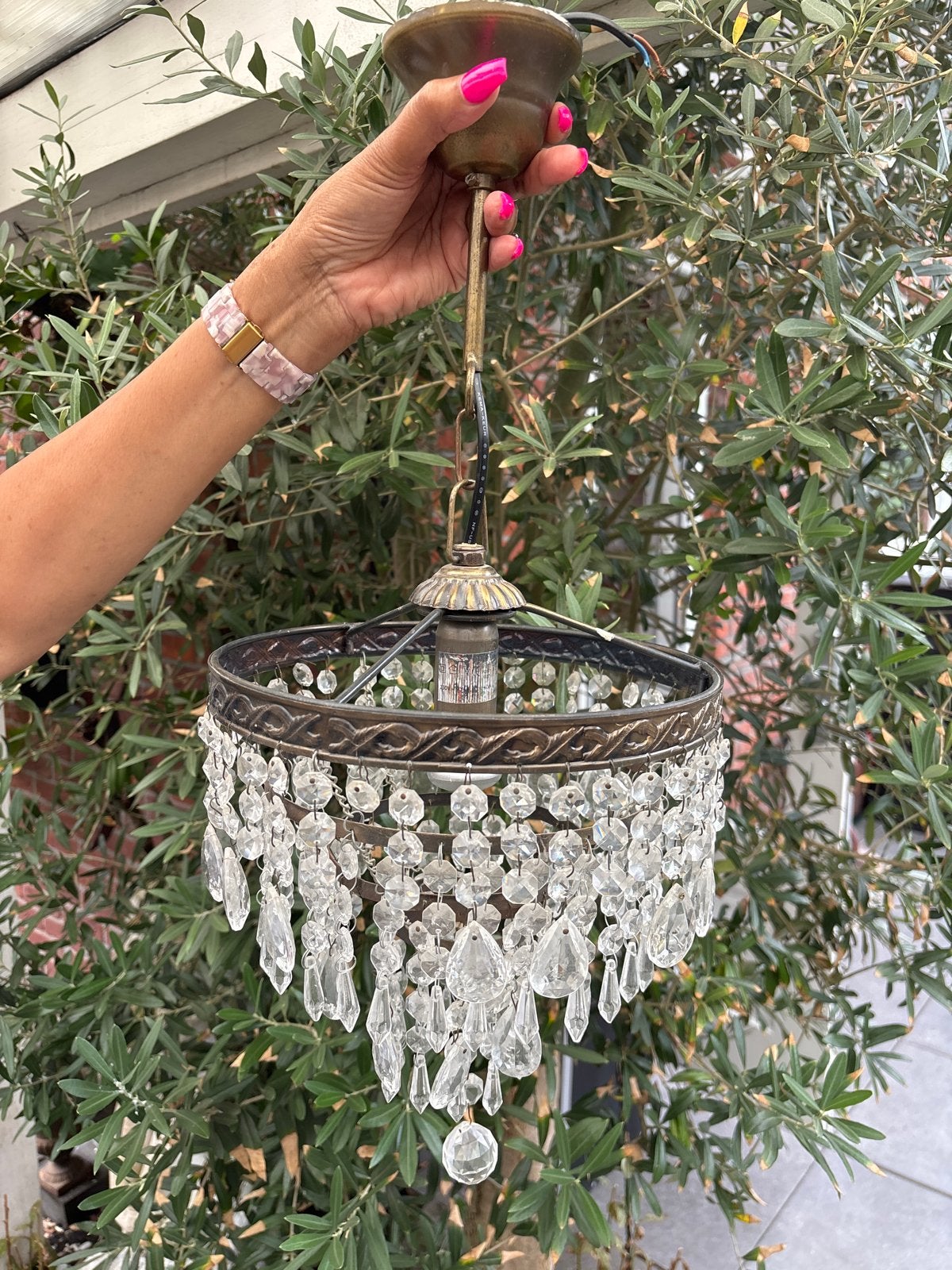Vintage Kroonluchter met Kristallen - Klassieke Hanglamp, Ophalen, Gebruikt, Metaal, E27 (groot)