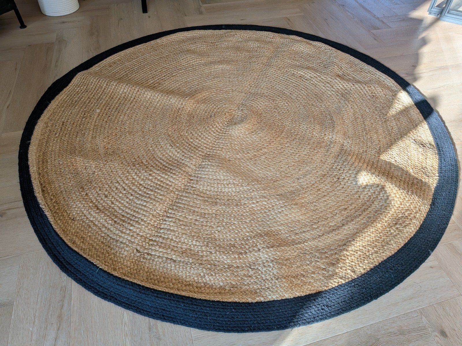 Rond jute vloerkleed met zwarte rand, 190 cm, Ophalen, Gebruikt, 150 tot 200 cm, Rond