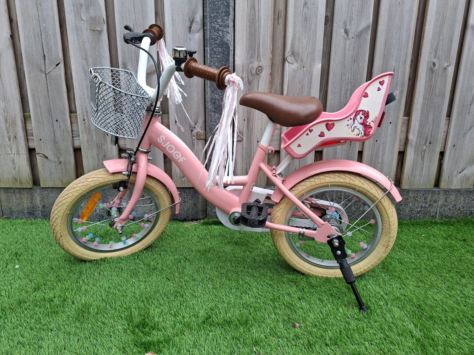 Kinderfiets Sjoels 14 inch - Roze met mandje en zitje, Ophalen