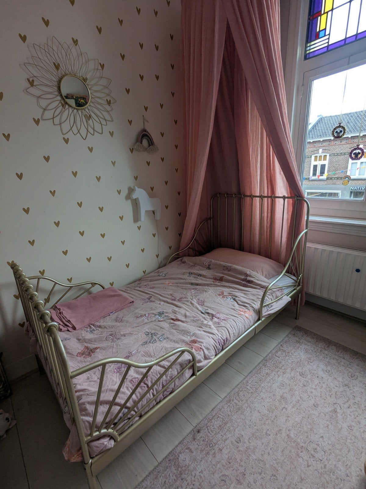 IKEA MINNEN meegroeibed goud gespoten incl. toebehoren, Ophalen, Metaal, Brocante, Overige kleuren