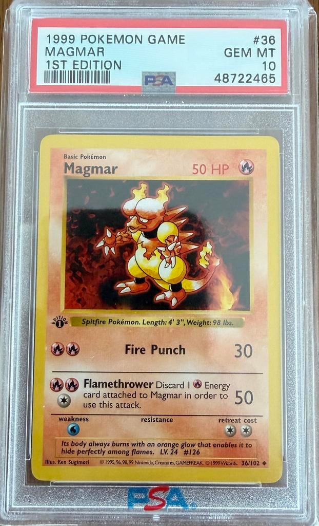 Magmar #36 1st Edition Shadowless | Base Set | PSA 10, Ophalen of Verzenden, Zo goed als nieuw, Losse kaart
