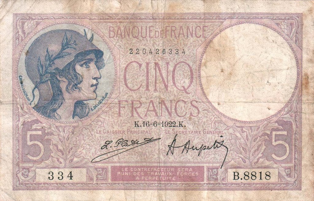 Frankrijk 5 francs 1922 - F, Postzegels en Munten, Verzenden, Frankrijk, Los biljet