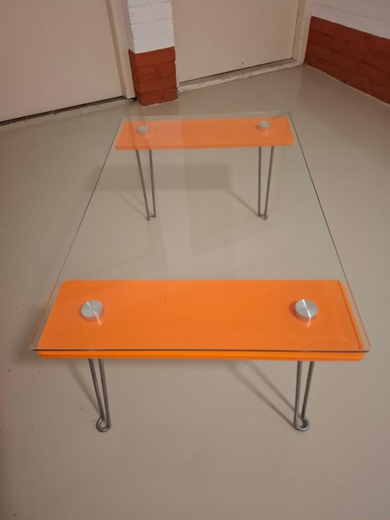 Jaren 70 glazen salontafel met gebogen pootjes, Huis en Inrichting, Tafels | Salontafels, Ophalen, 50 tot 100 cm, Vintage, 50 tot 100 cm