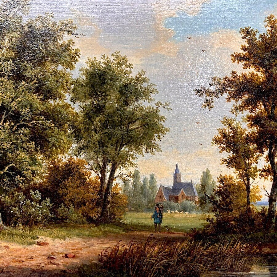 Hollandse School 19e eeuw - Wandelaar in de natuur, Antiek en Kunst, Kunst | Schilderijen | Klassiek, Ophalen of Verzenden