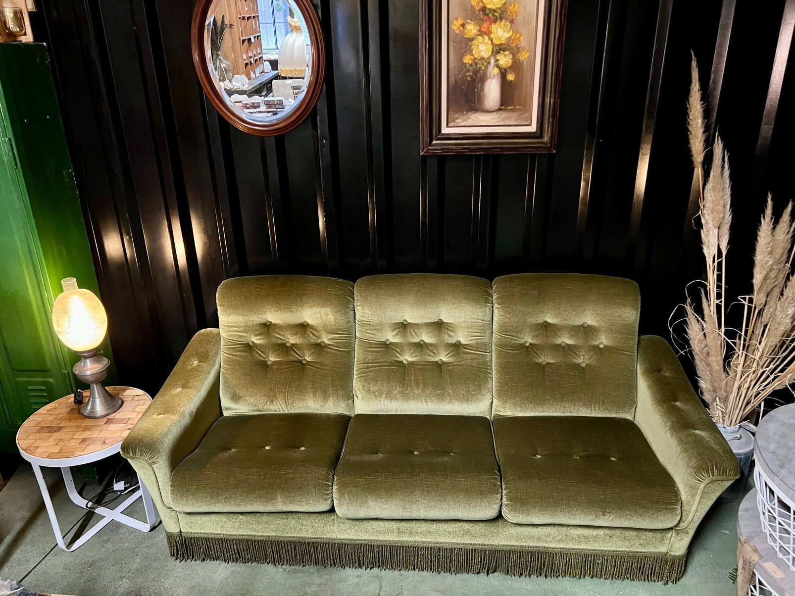 Vintage velvet bank groen, Huis en Inrichting, Banken | Bankstellen, Ophalen, Vintage, Driepersoons, 75 tot 100 cm