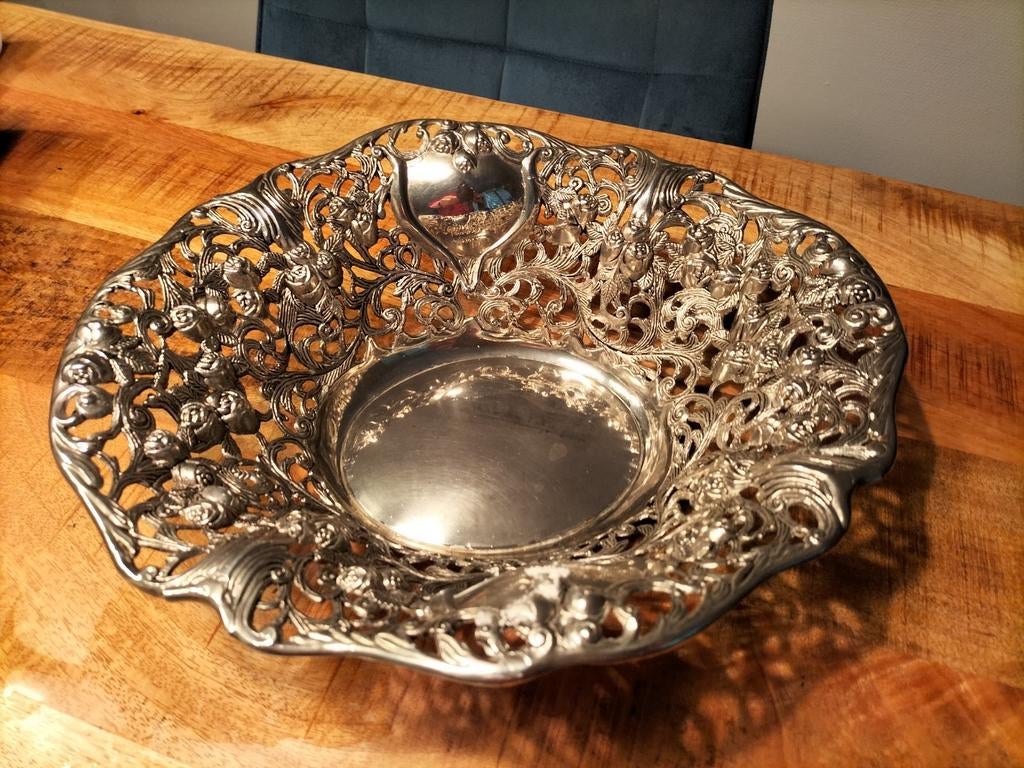 Antieke verzilverde fruitschaal met florale decoratie, Ophalen of Verzenden