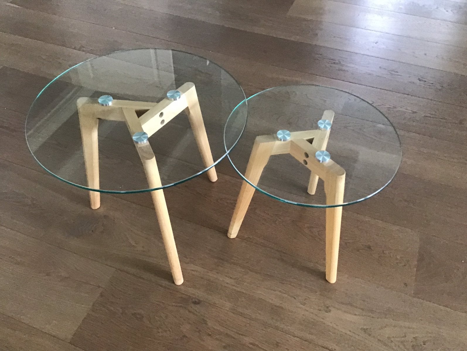 Bijettafels glas/hout, Huis en Inrichting, Tafels | Bijzettafels, Ophalen, Minder dan 55 cm, 60 cm of meer, Rechthoekig
