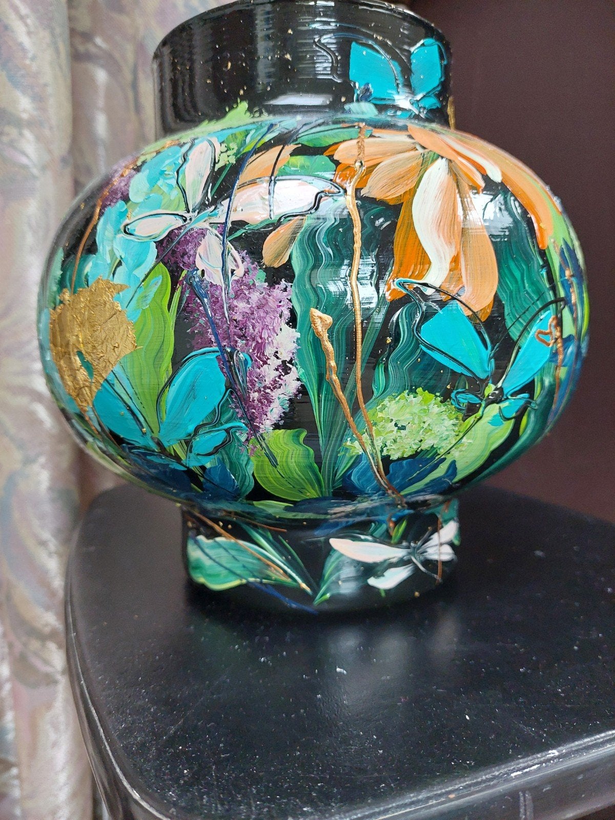 Kunst van Sharon vaas model Fiep zwarte vaas Sharon de Jager, Handgemaakt, Ophalen of Verzenden, 22 cm, Glas