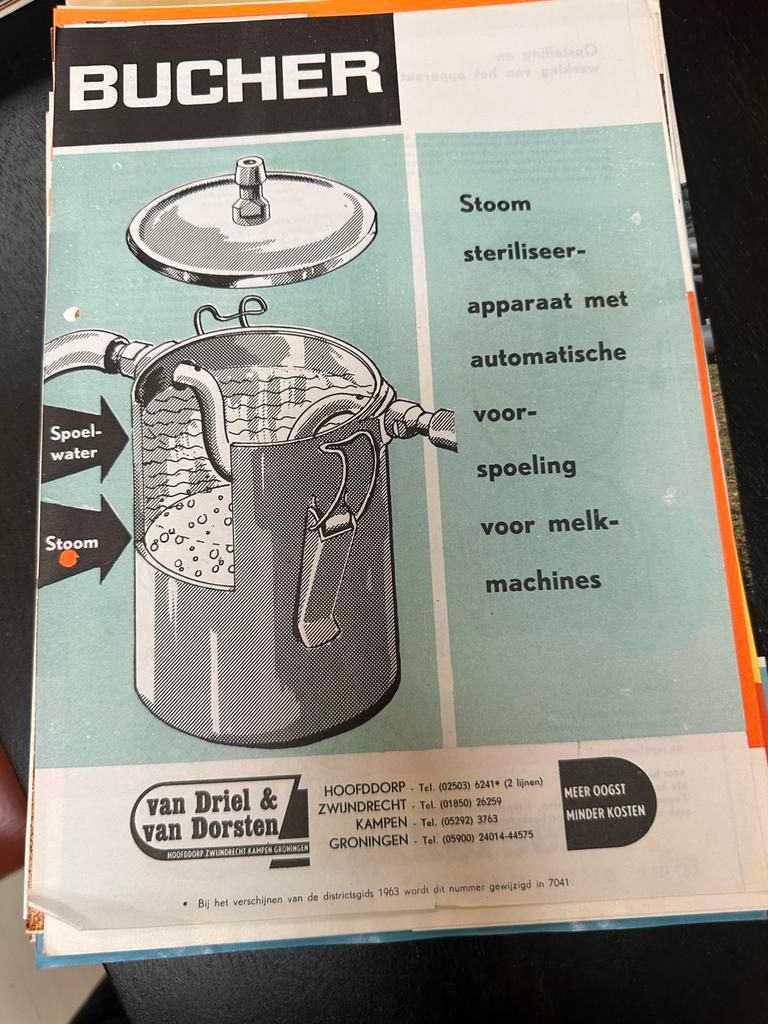 Oude folder jaren '60 - Bucher stoom sterilisator melkmachin, Witgoed en Apparatuur, Waterkokers, Zo goed als nieuw, 1 tot 2 liter