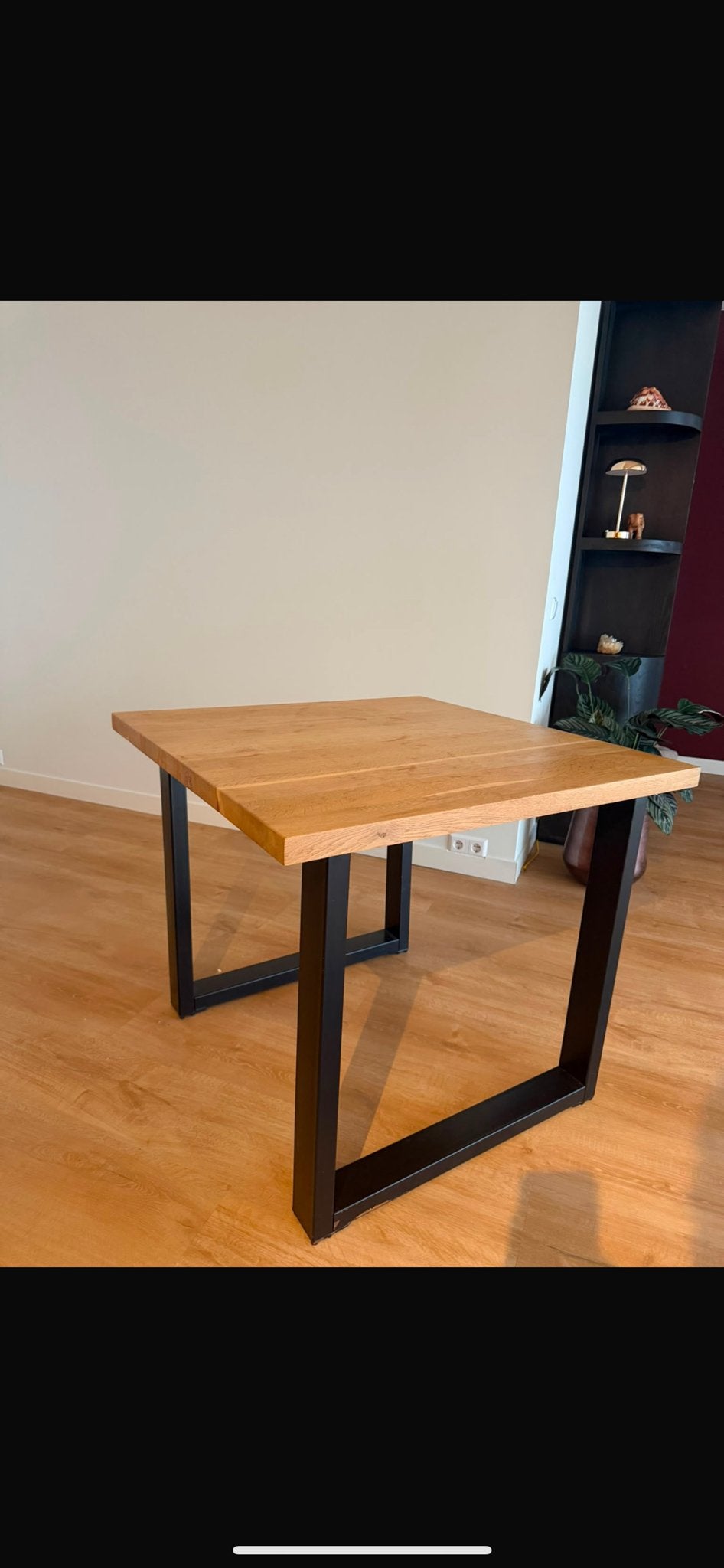 Eikenhouten eettafel met metalen onderstel, Ophalen, 200 cm of meer, 50 tot 100 cm, Zo goed als nieuw