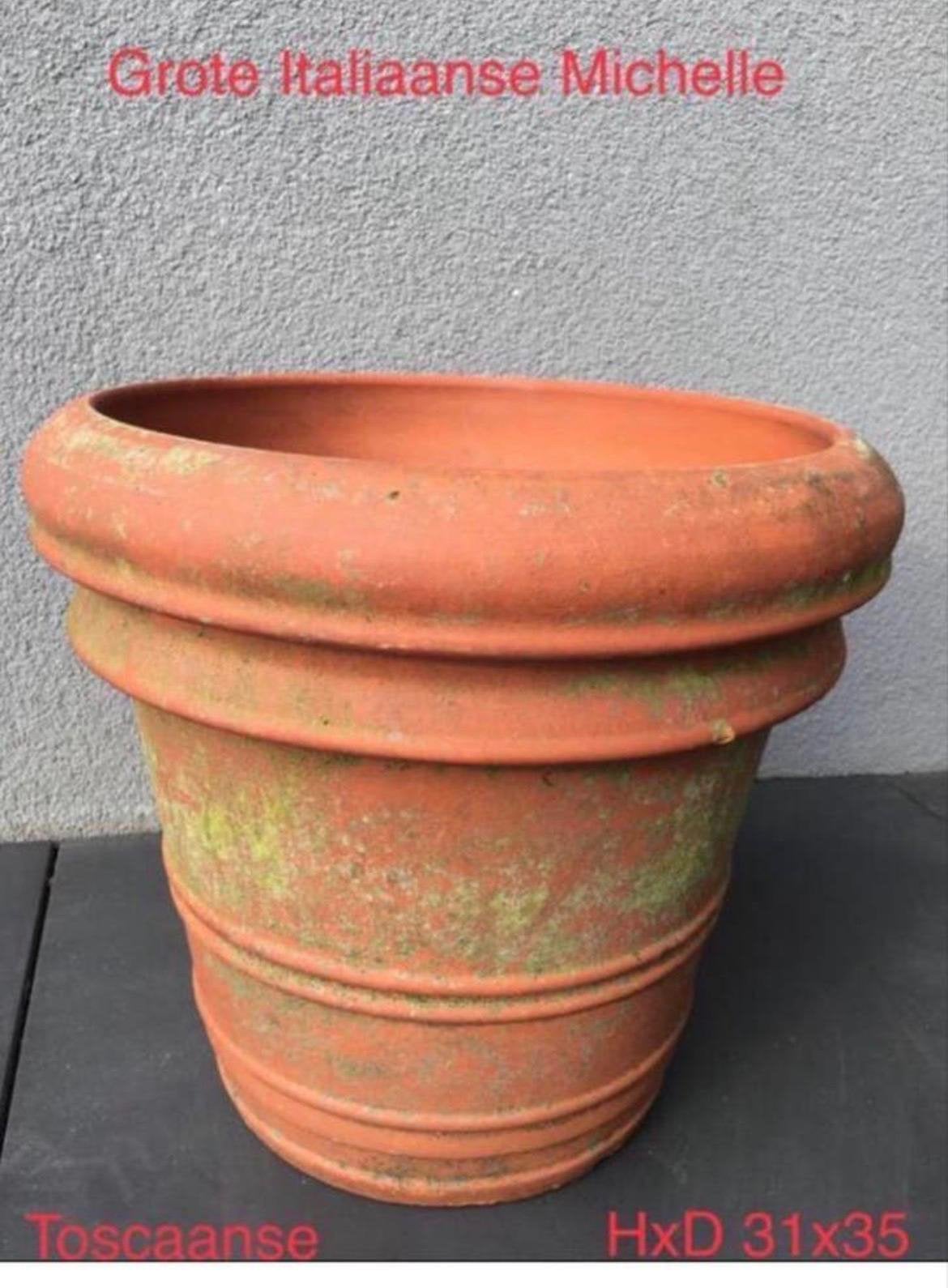 Oude grote mooie Italiaanse terracotta bloempot 31/35cm, Gebruikt, Rond, Minder dan 40 cm, Balkon