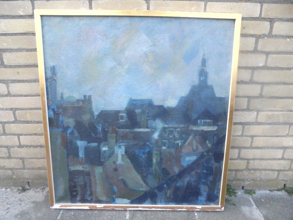 olieverf linnen joodse wijk den haag, Ophalen of Verzenden