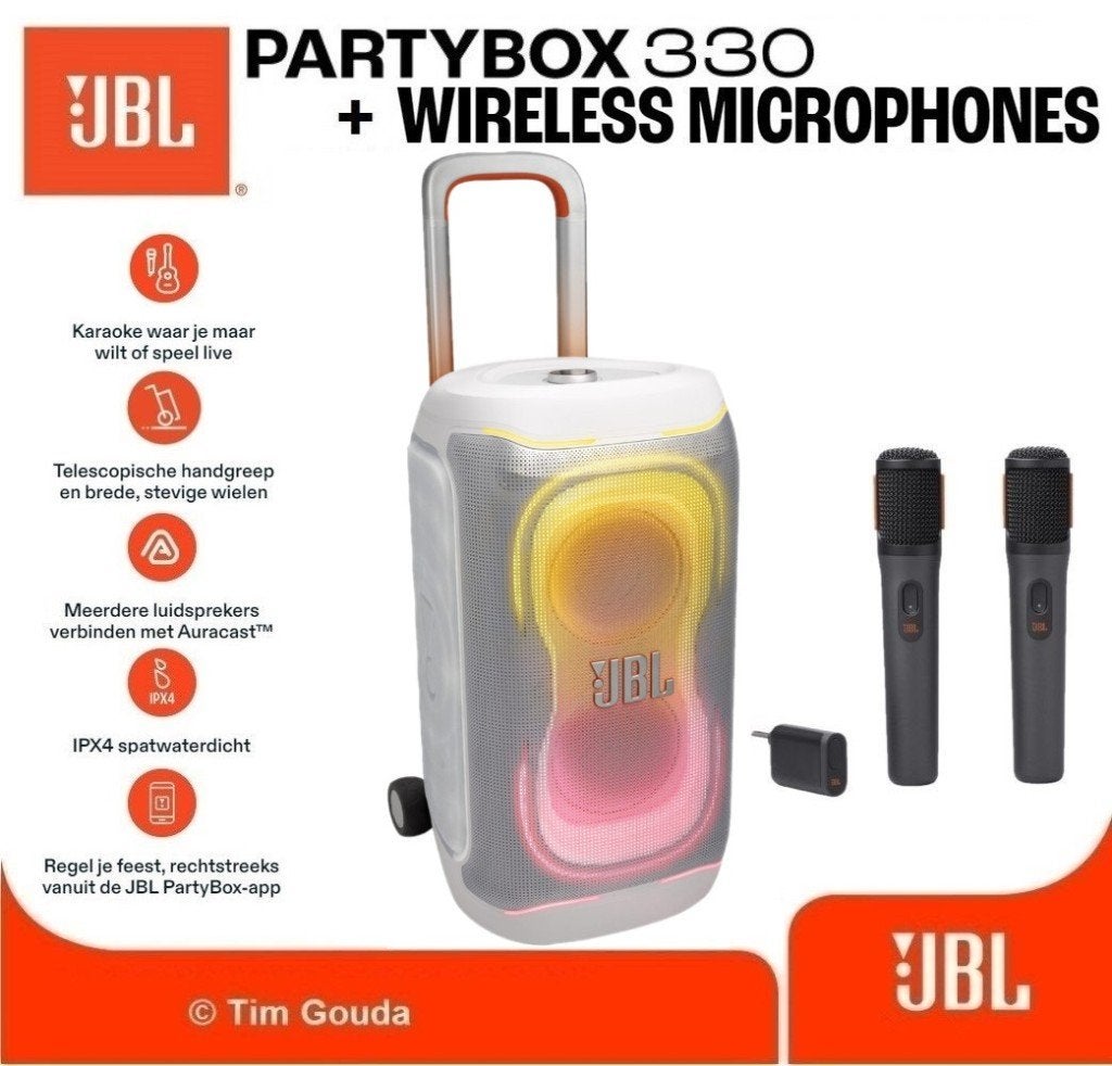 ✅ JBL Partybox 330 Wit + Wireless Microfoon set - NIEUW, 150 watt of meer, JBL, Party speaker, Nieuw