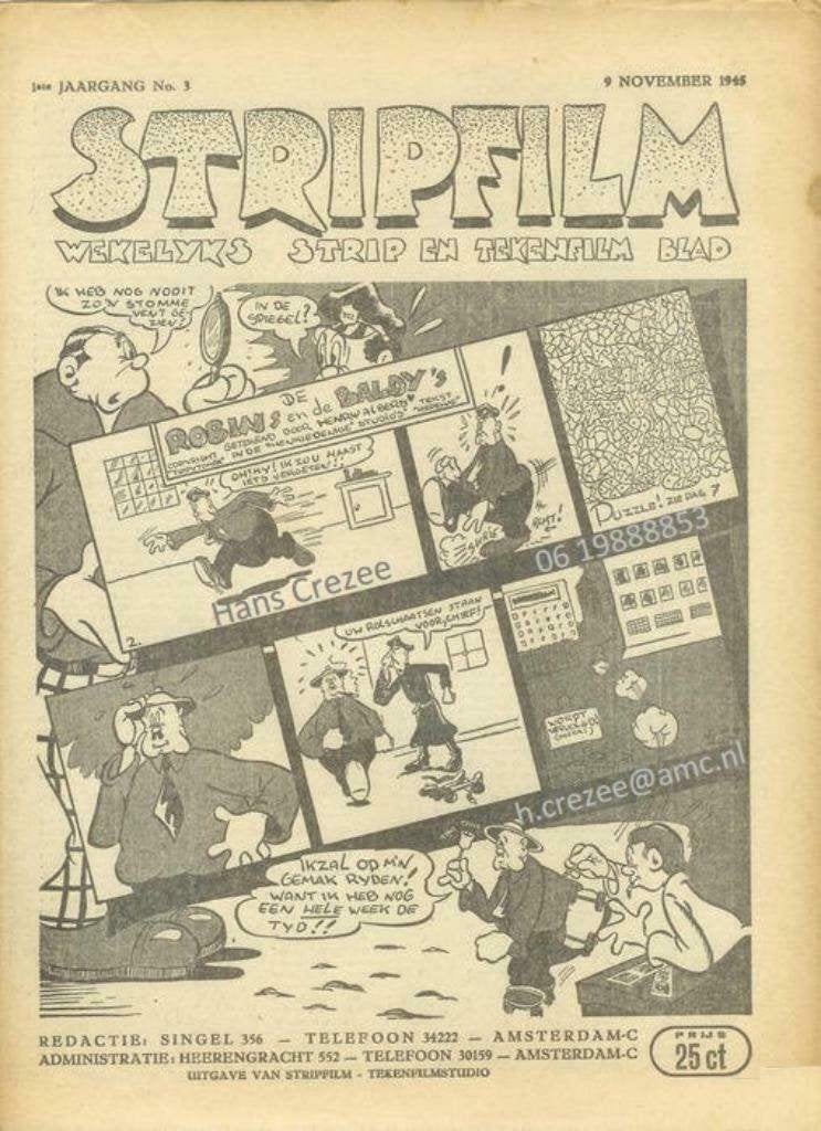 gezocht weekblad tijdschrift Stripfilm nr 3 9 november 1945, Gelezen, Eén stripboek, Ophalen of Verzenden, Piet van Elk
