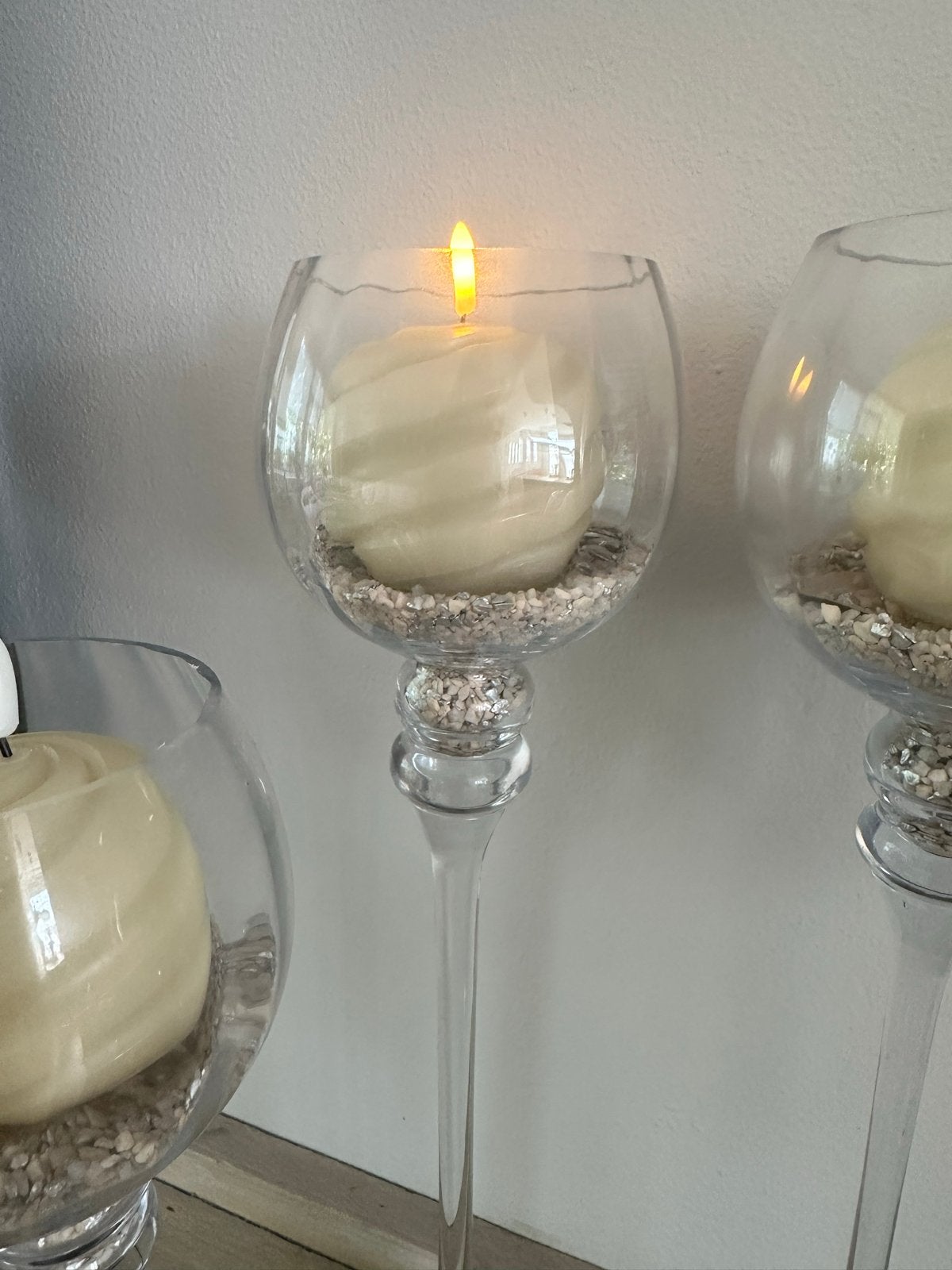 Set van 6 glazen kandelaars met LED kaarsen, Ophalen of Verzenden, Gebruikt, Glas, Kandelaar