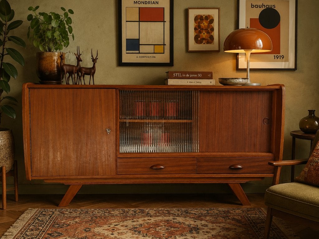 Dressoir, Lowboard - Vintage jaren 60-70, Huis en Inrichting, Kasten | Dressoirs, Ophalen, Gebruikt, Glas, Vintage