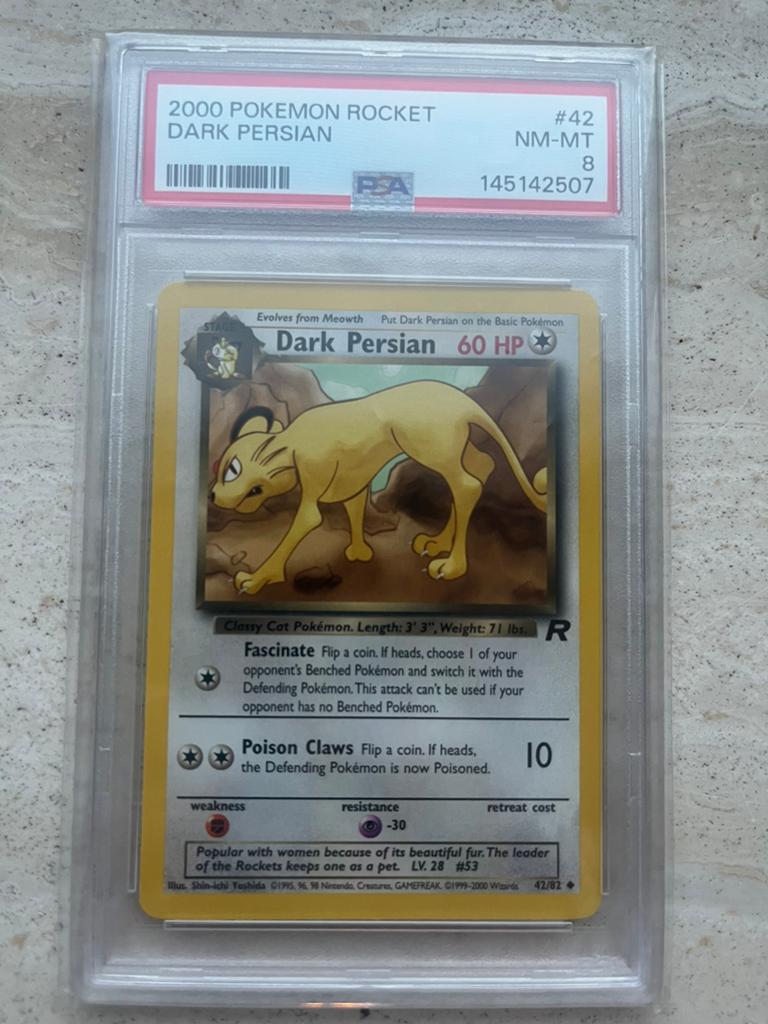 Dark Persian PSA 8 | Pokemon Rocket 2000, Ophalen of Verzenden, Zo goed als nieuw, Losse kaart