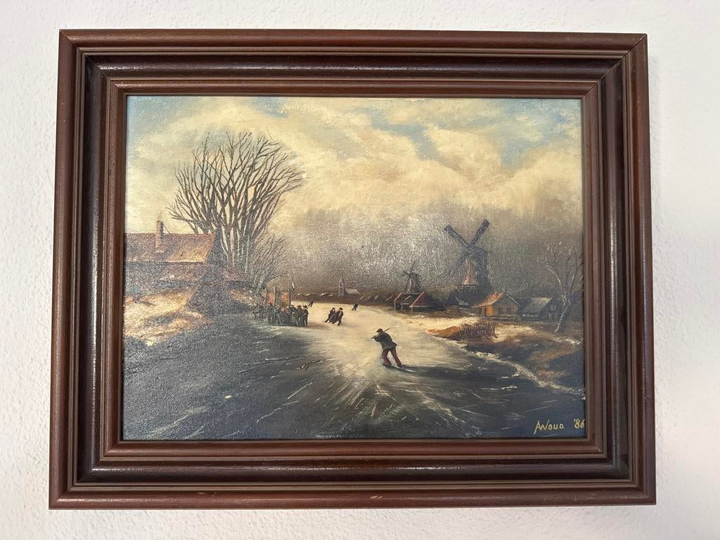 Schilderij op doek: Winterlandschap met schaatsers (1986), Ophalen of Verzenden